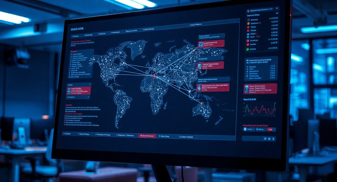 AI interface showing memory pathways with red error indicators in a dimly lit tech office