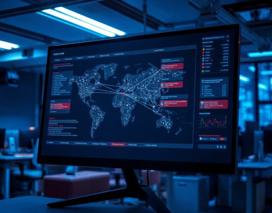 AI interface showing memory pathways with red error indicators in a dimly lit tech office