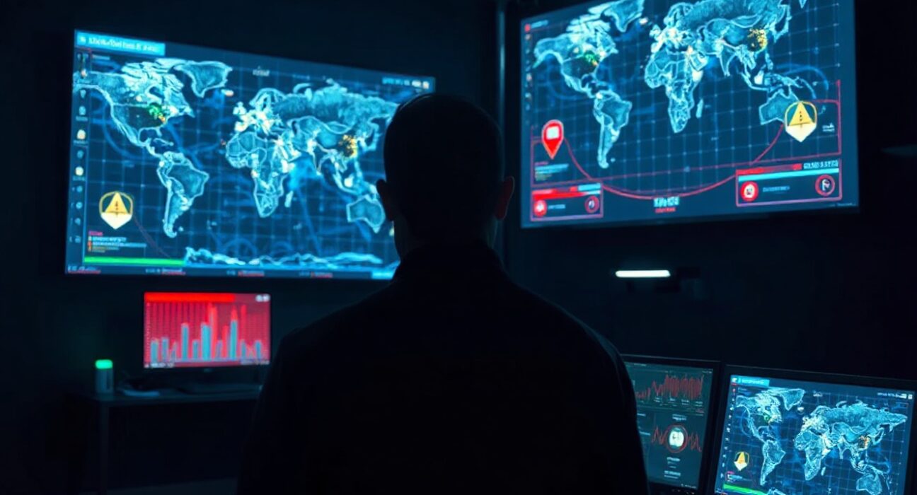 Security analyst monitoring blockchain and cyber threat screens in a dimly lit operations center