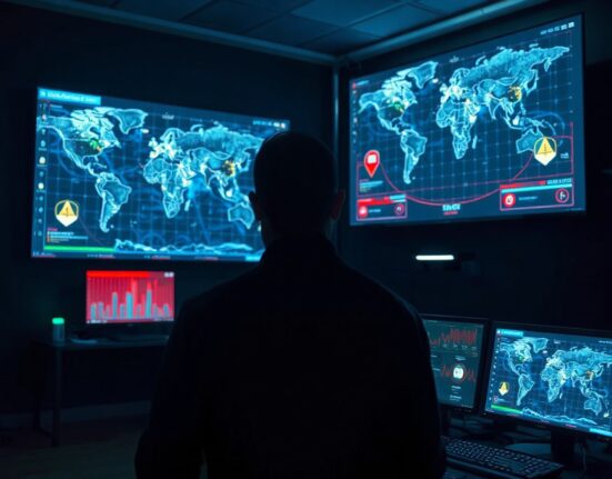 Security analyst monitoring blockchain and cyber threat screens in a dimly lit operations center