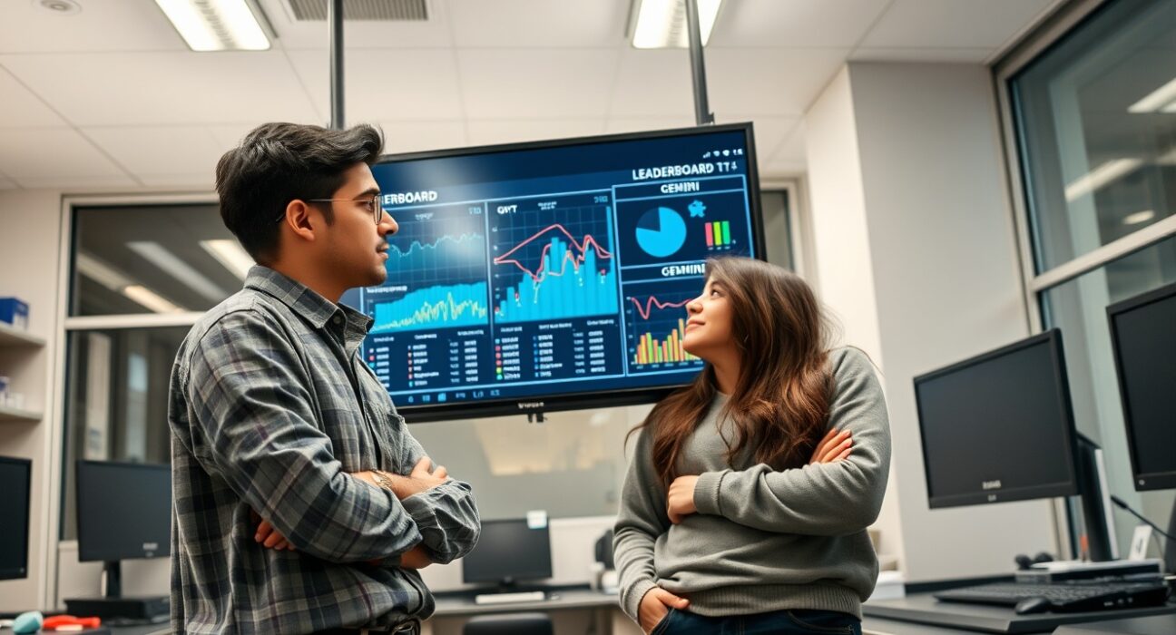 UC Berkeley PhD students analyzing the Arena AI model leaderboard data in a research lab.