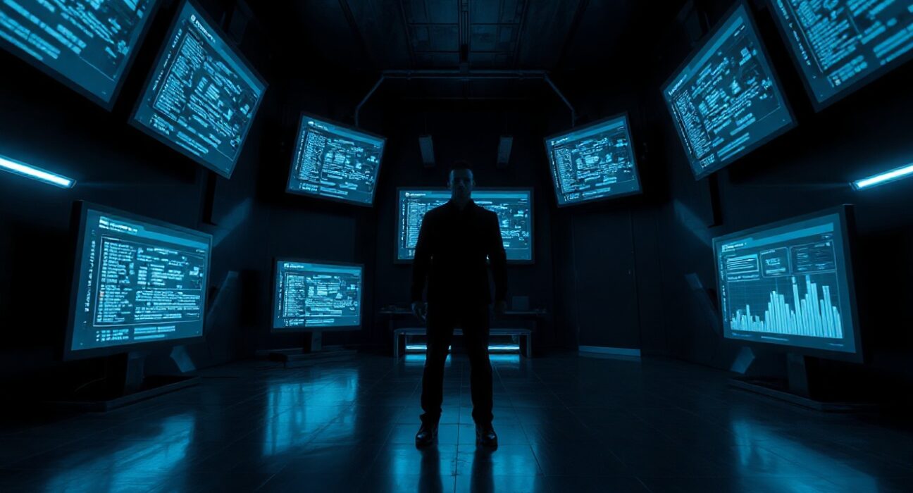 Silhouetted figure in front of digital screens showing blockchain code, representing anonymous governance proposal identified by AI.