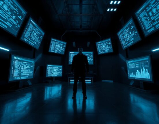Silhouetted figure in front of digital screens showing blockchain code, representing anonymous governance proposal identified by AI.