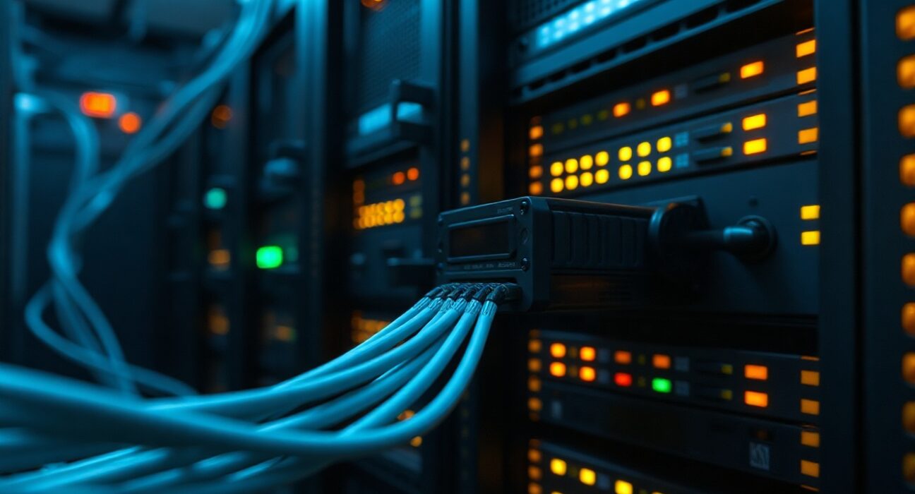 Fiber optic cables connected to an optical transceiver in a data center, representing optical components in AI infrastructure.