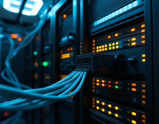 Fiber optic cables connected to an optical transceiver in a data center, representing optical components in AI infrastructure.