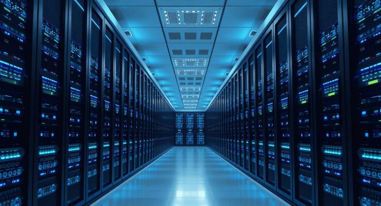 Interior view of a modern data center with blue-lit server racks and a clean, organized layout.