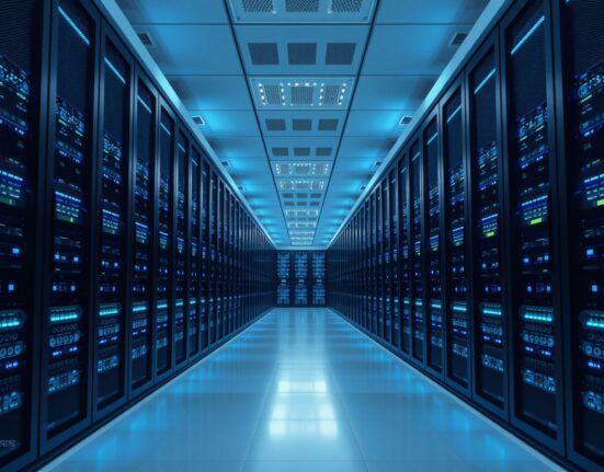 Interior view of a modern data center with blue-lit server racks and a clean, organized layout.