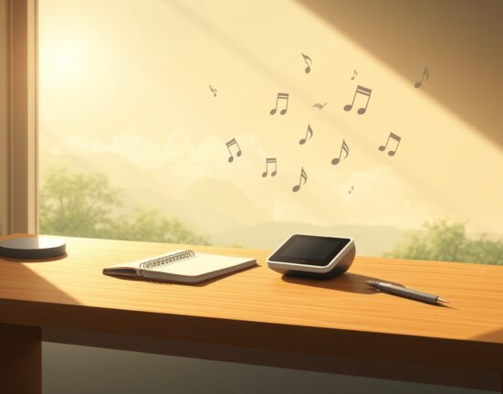 An AI notetaking device on a desk transcribing a meeting for improved productivity.