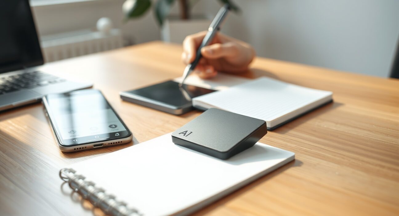 An AI notetaking device on a desk transcribing a meeting in real-time for enhanced productivity.