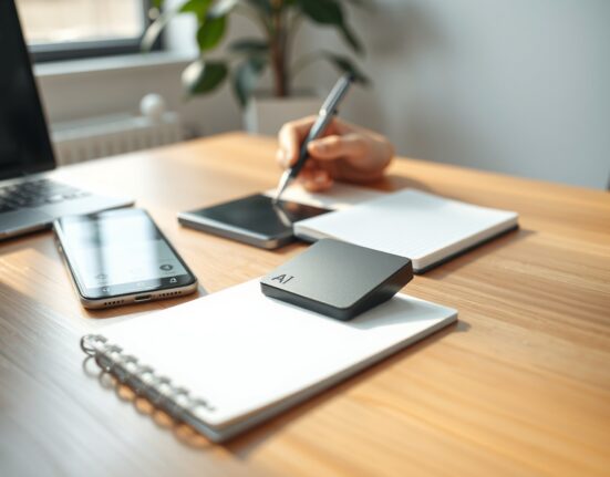 An AI notetaking device on a desk transcribing a meeting in real-time for enhanced productivity.