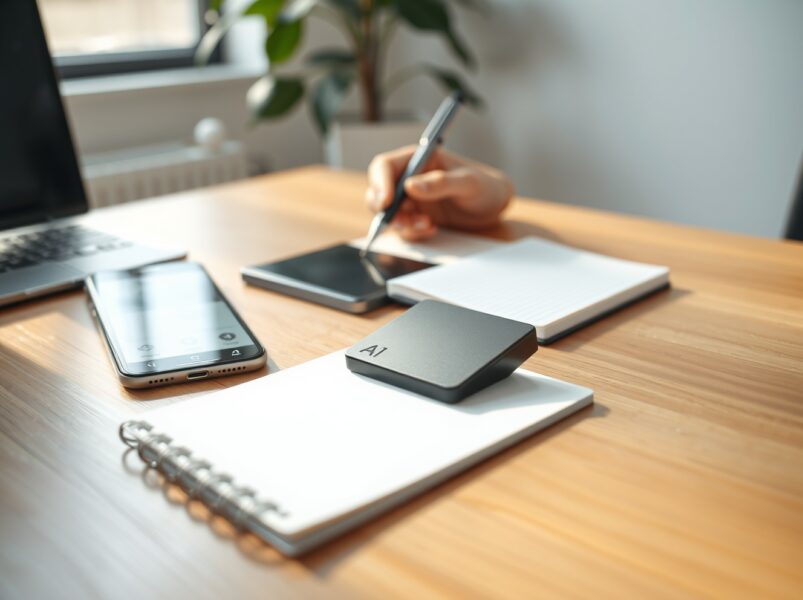 An AI notetaking device on a desk transcribing a meeting in real-time for enhanced productivity.