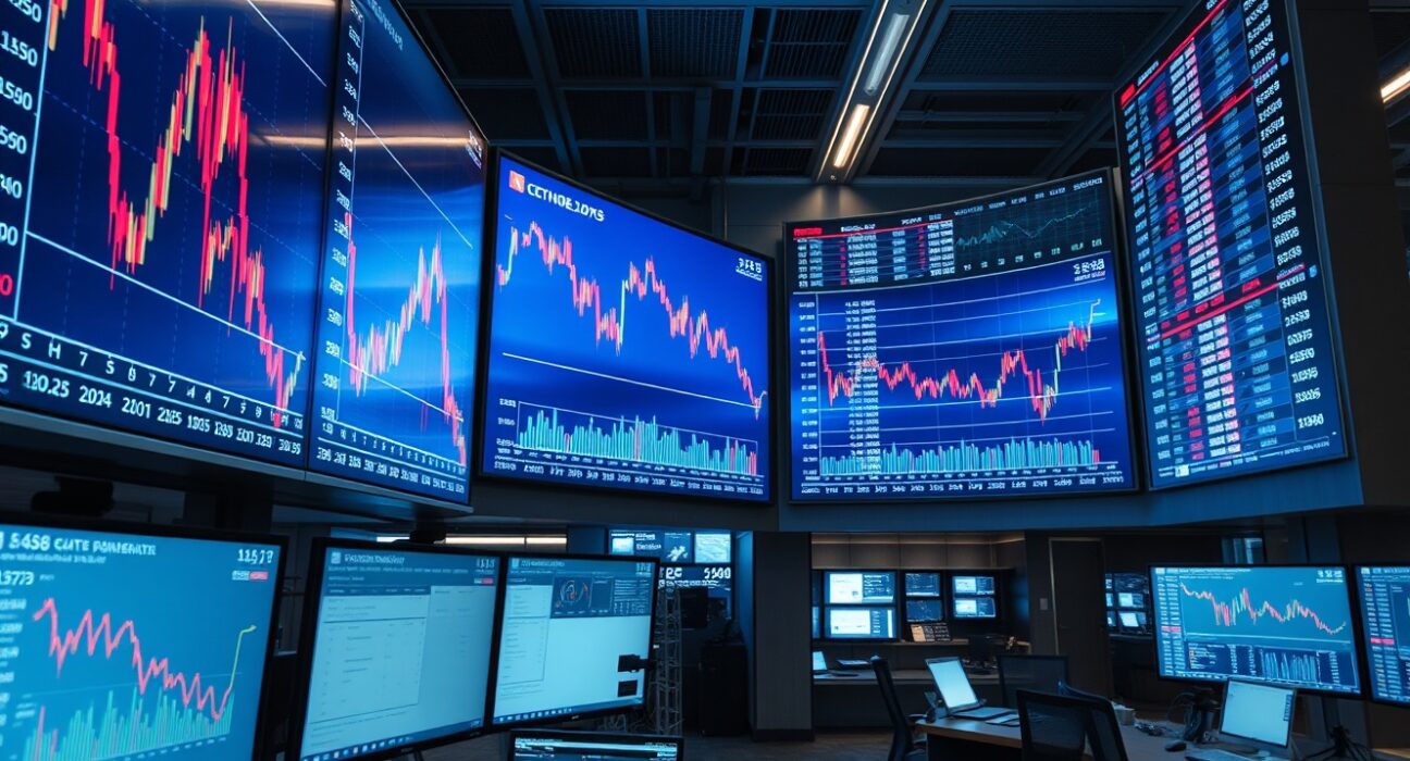 Trading floor screens showing declining tech stock charts