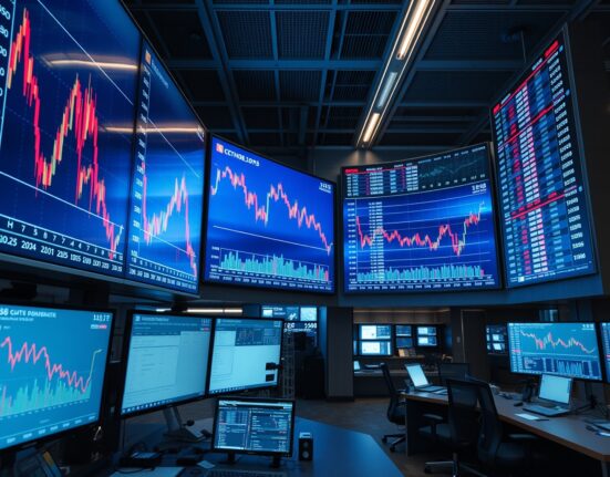 Trading floor screens showing declining tech stock charts
