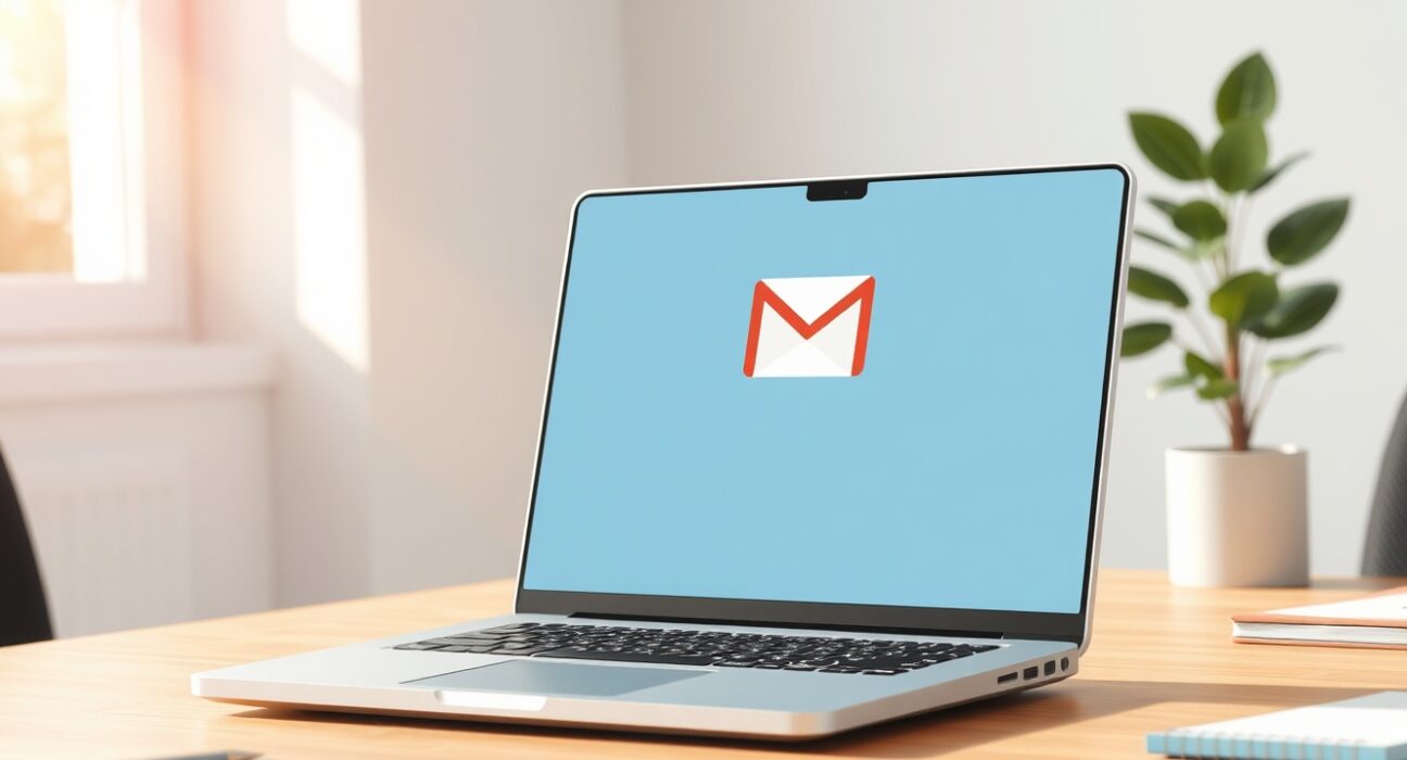 AI Overviews feature integrated into the Gmail interface on a laptop in a modern office setting.