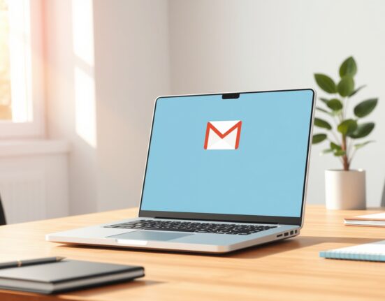 AI Overviews feature integrated into the Gmail interface on a laptop in a modern office setting.