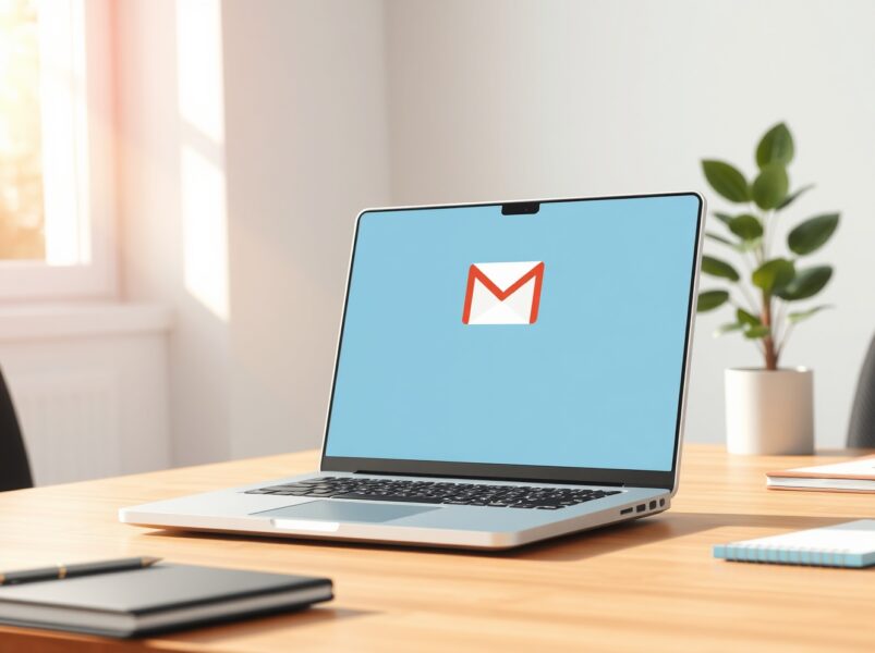 AI Overviews feature integrated into the Gmail interface on a laptop in a modern office setting.