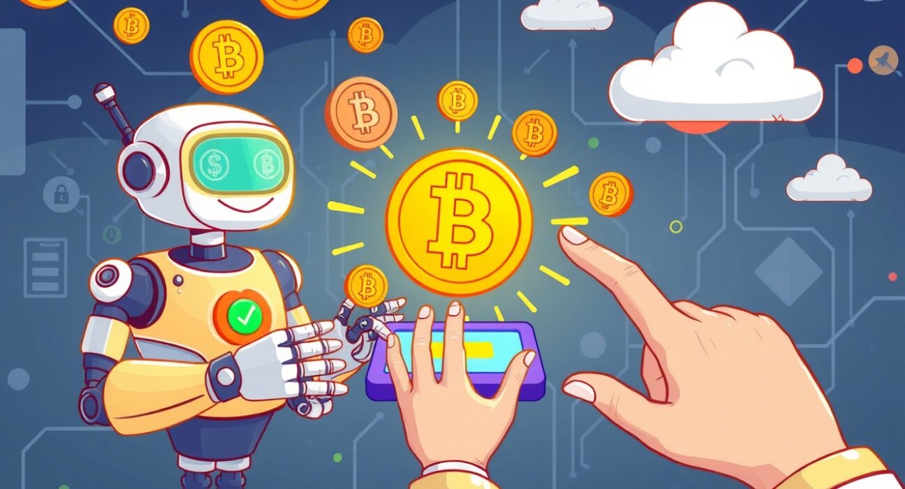 Cartoon illustration of AI payment standards revolutionizing crypto transactions with Coinbase and Cloudflare's x402 Foundation.