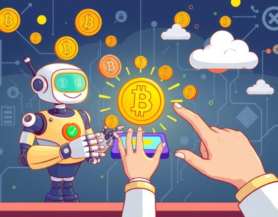 Cartoon illustration of AI payment standards revolutionizing crypto transactions with Coinbase and Cloudflare's x402 Foundation.