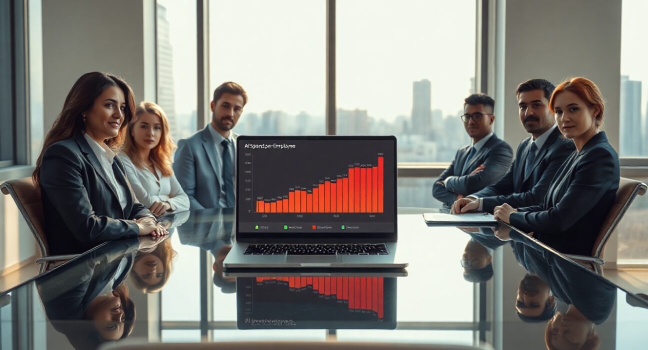 Business professionals reviewing AI spending dashboard in modern office boardroom