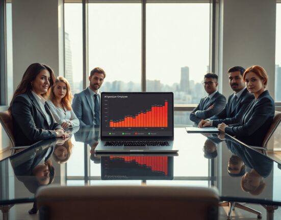 Business professionals reviewing AI spending dashboard in modern office boardroom