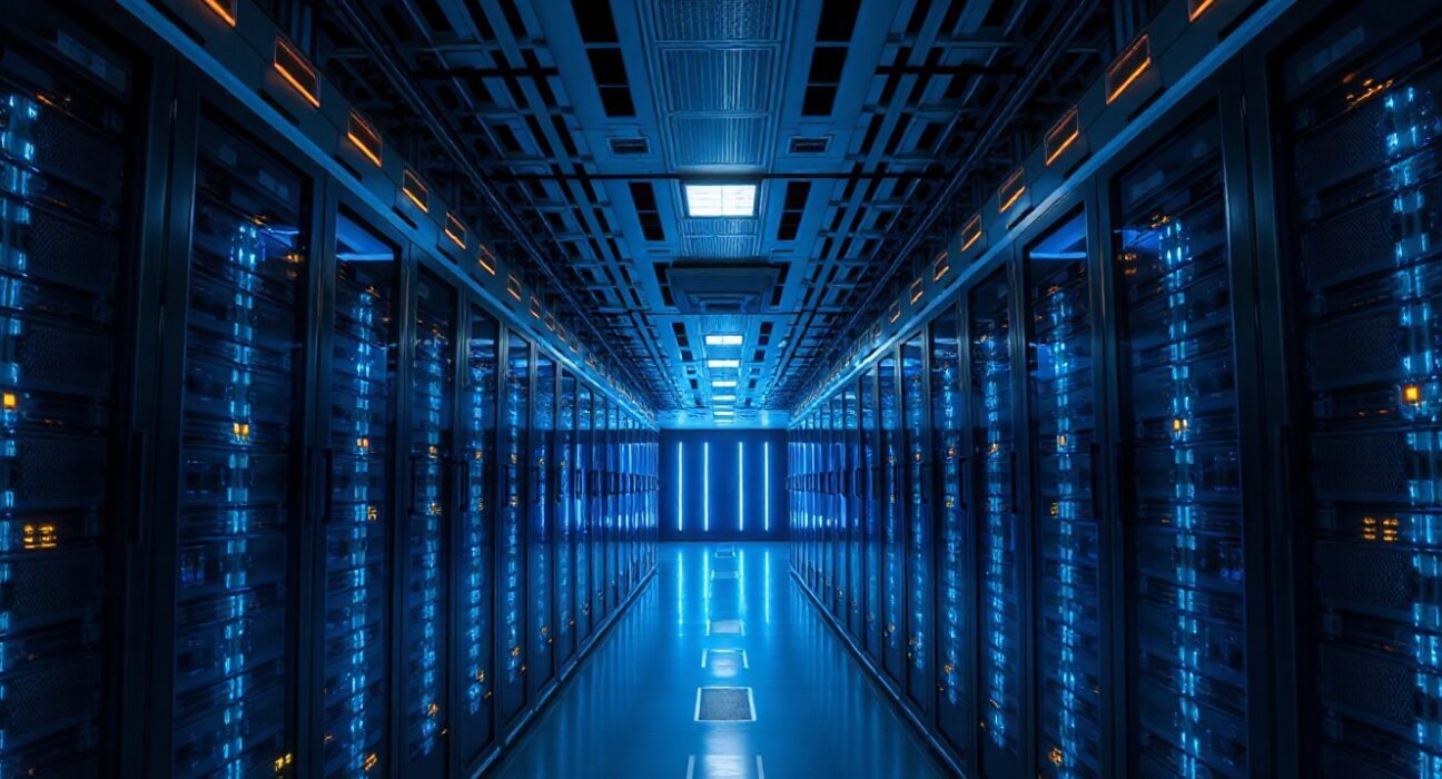 Interior of a modern data center with rows of illuminated servers, representing the infrastructure behind the AI price war.