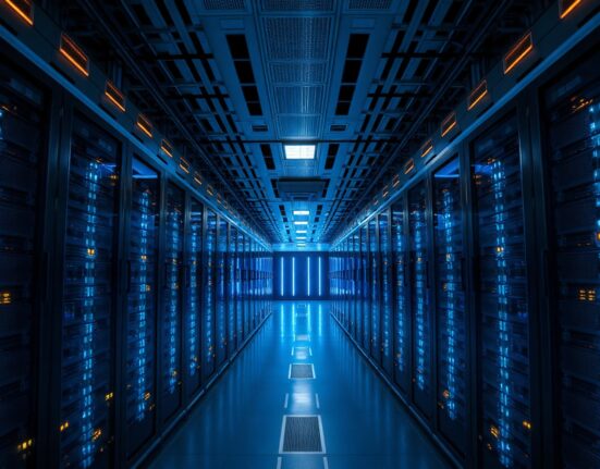 Interior of a modern data center with rows of illuminated servers, representing the infrastructure behind the AI price war.