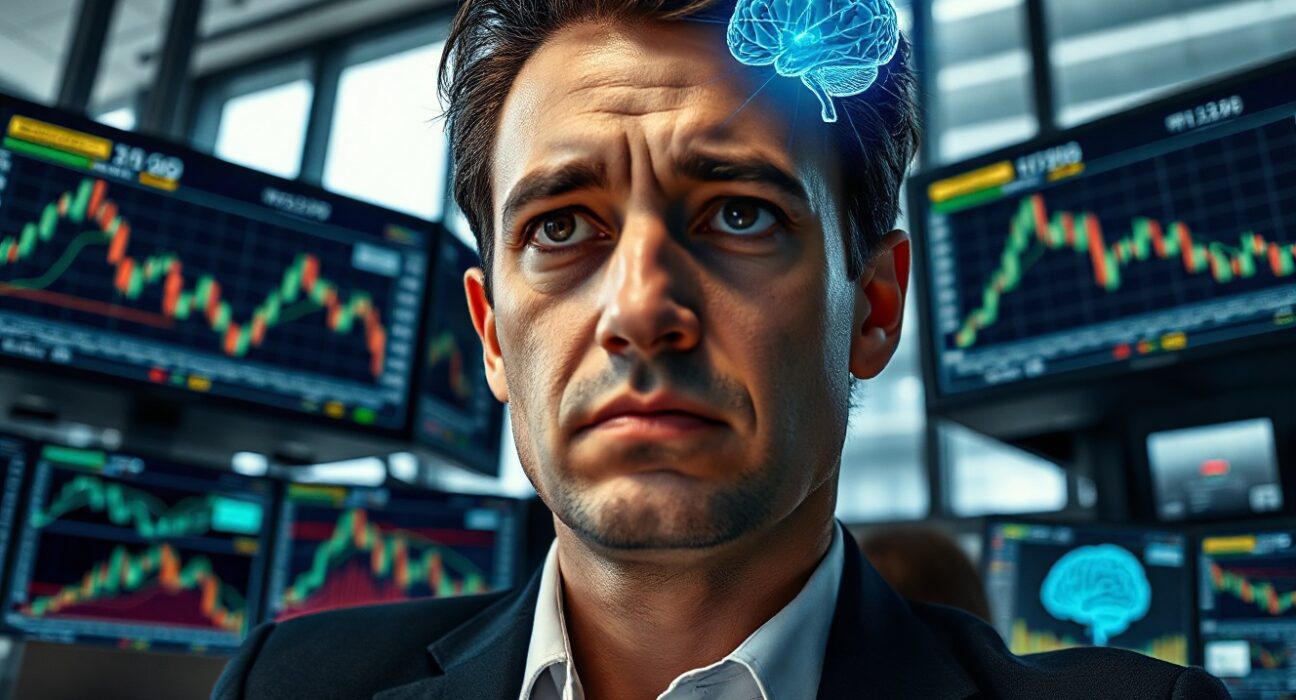Financial analyst reviewing AI stock performance charts on multiple monitors