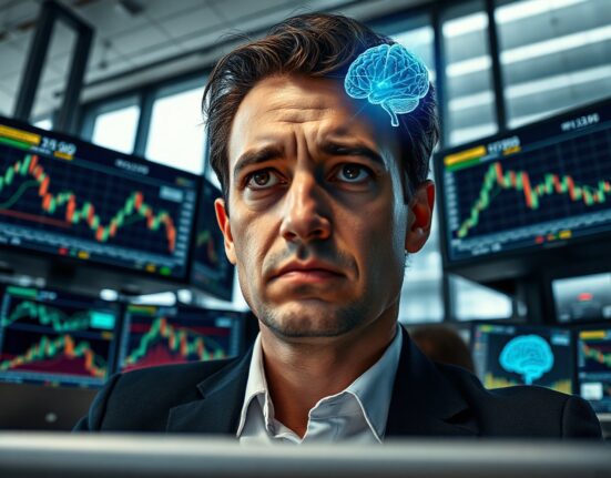 Financial analyst reviewing AI stock performance charts on multiple monitors