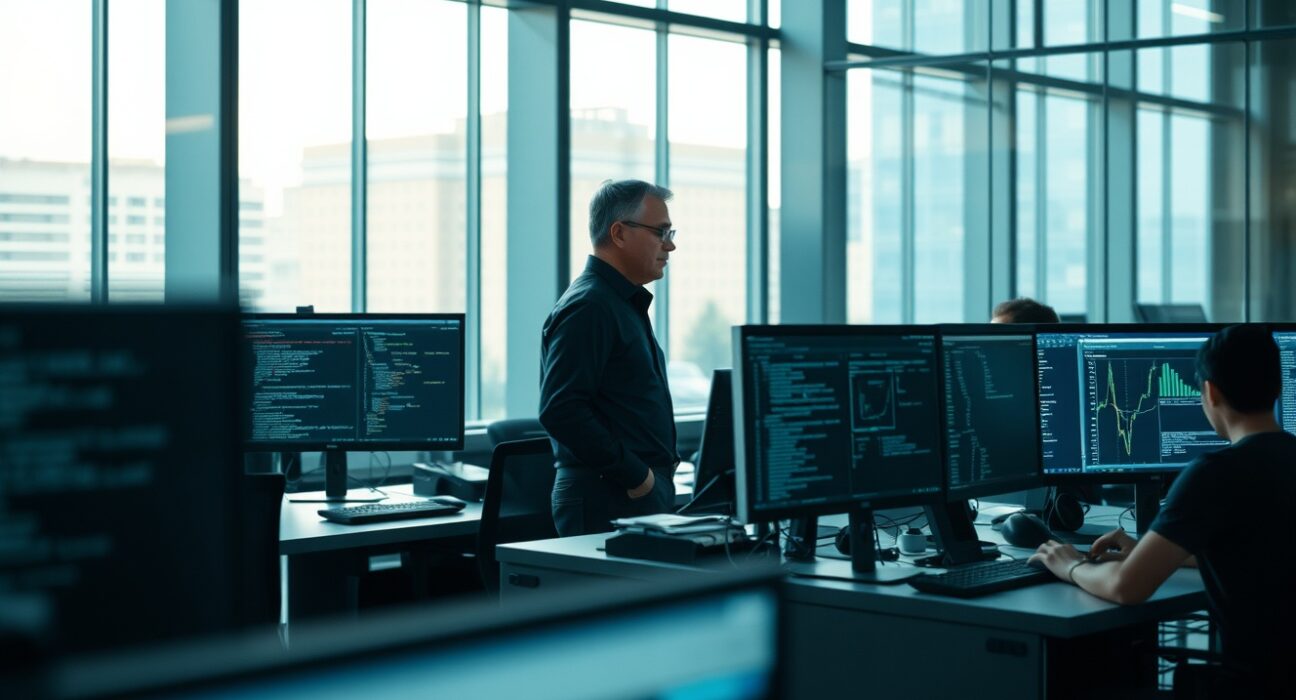 Tech CEO in office overlooking engineers working at desks with monitors