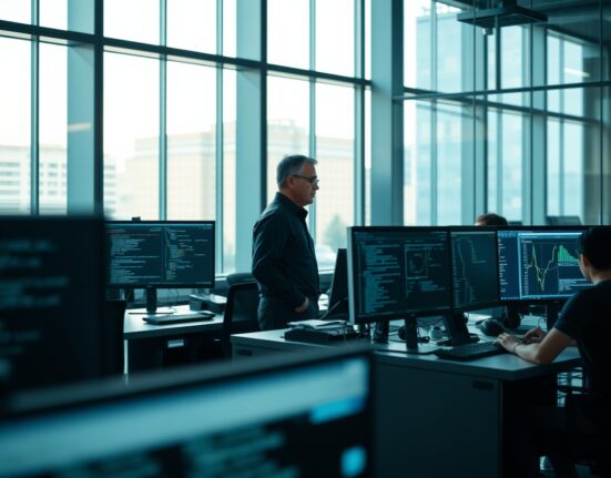 Tech CEO in office overlooking engineers working at desks with monitors