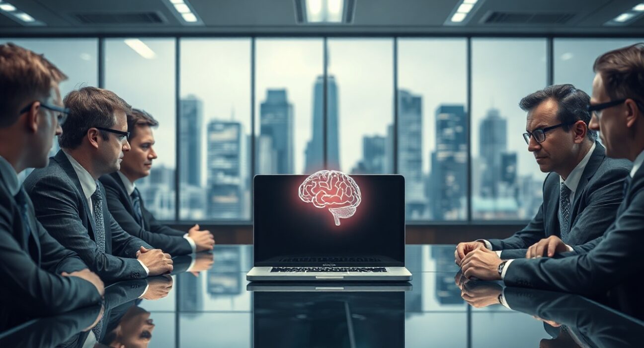 Corporate executives in a meeting room viewing an AI icon on a laptop, representing AI-driven workforce decisions.