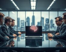 Corporate executives in a meeting room viewing an AI icon on a laptop, representing AI-driven workforce decisions.