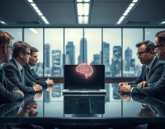 Corporate executives in a meeting room viewing an AI icon on a laptop, representing AI-driven workforce decisions.