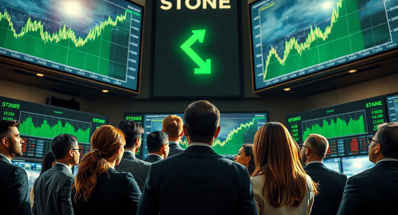 Trading floor screens show green market charts amid AI and geopolitical optimism.
