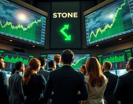 Trading floor screens show green market charts amid AI and geopolitical optimism.
