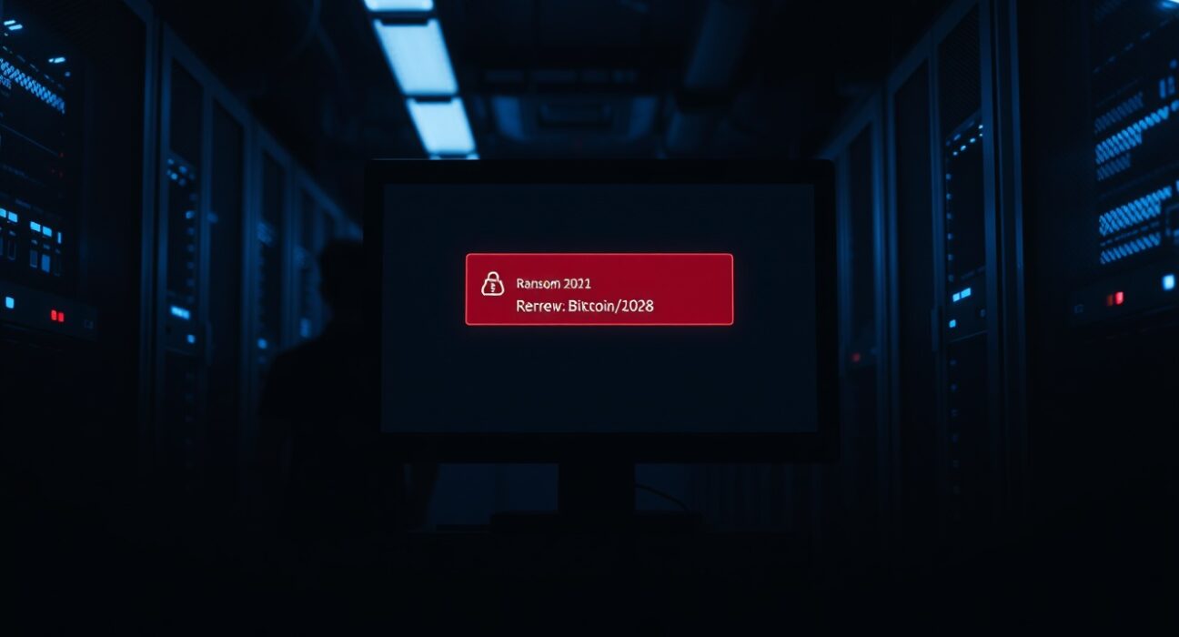 Server room with monitor showing ransomware note and Bitcoin address