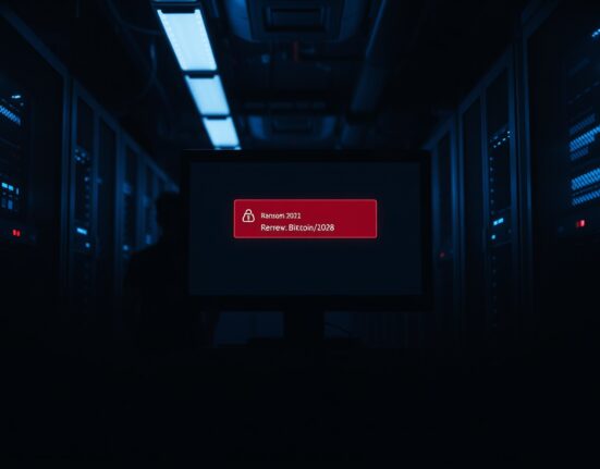 Server room with monitor showing ransomware note and Bitcoin address