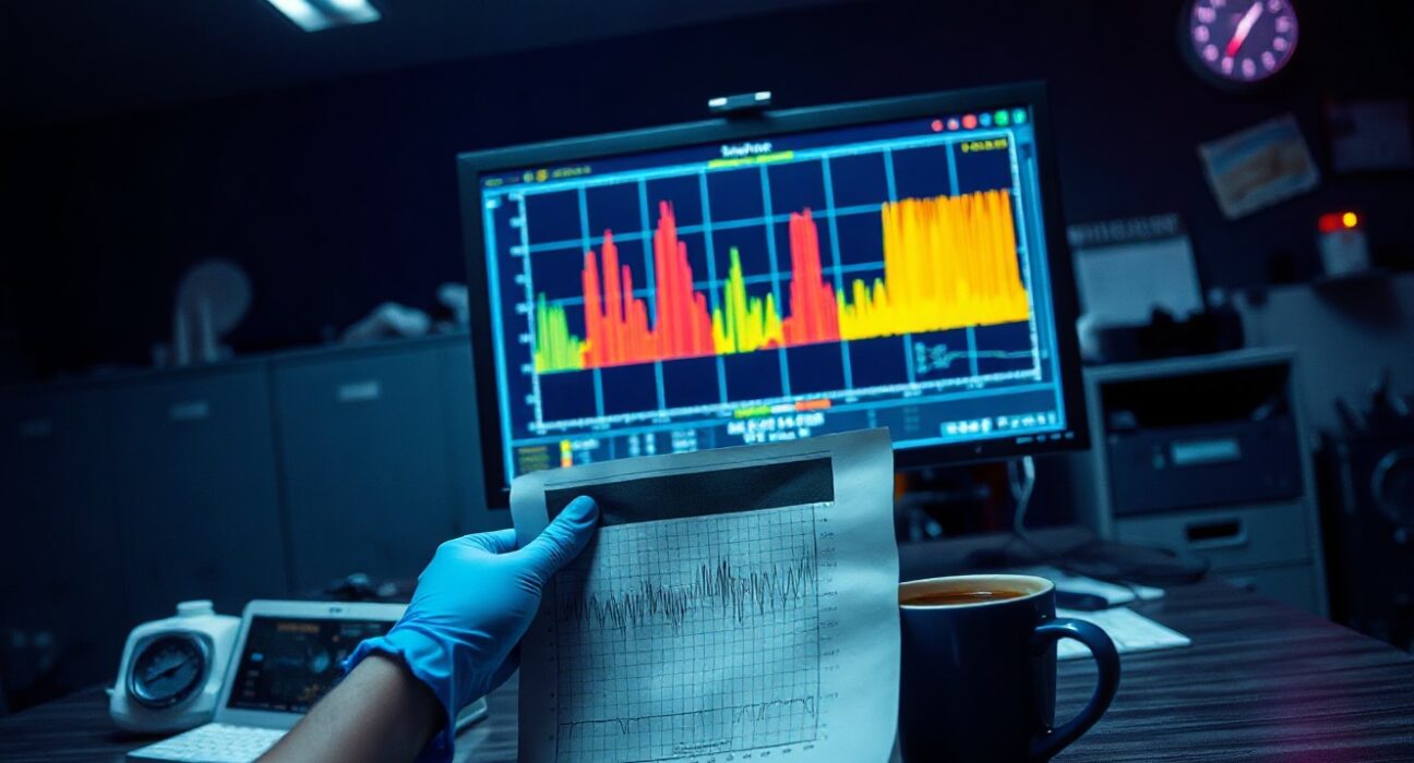 Investigators analyzing a spectrogram on a monitor in a dimly lit aviation safety office.