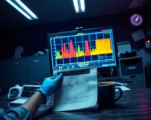 Investigators analyzing a spectrogram on a monitor in a dimly lit aviation safety office.