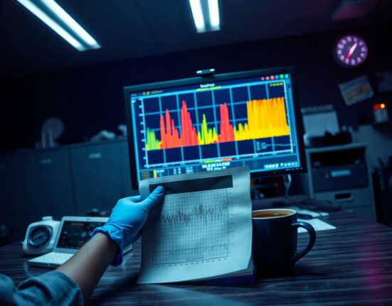 Investigators analyzing a spectrogram on a monitor in a dimly lit aviation safety office.
