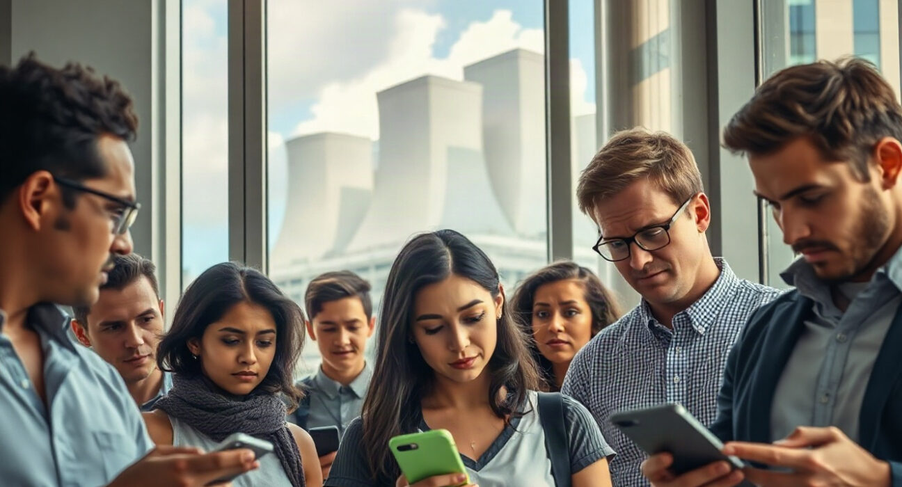 Consumers looking at smartphones with skeptical expressions near a data center, illustrating AI backlash.