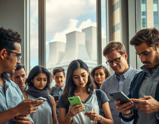 Consumers looking at smartphones with skeptical expressions near a data center, illustrating AI backlash.