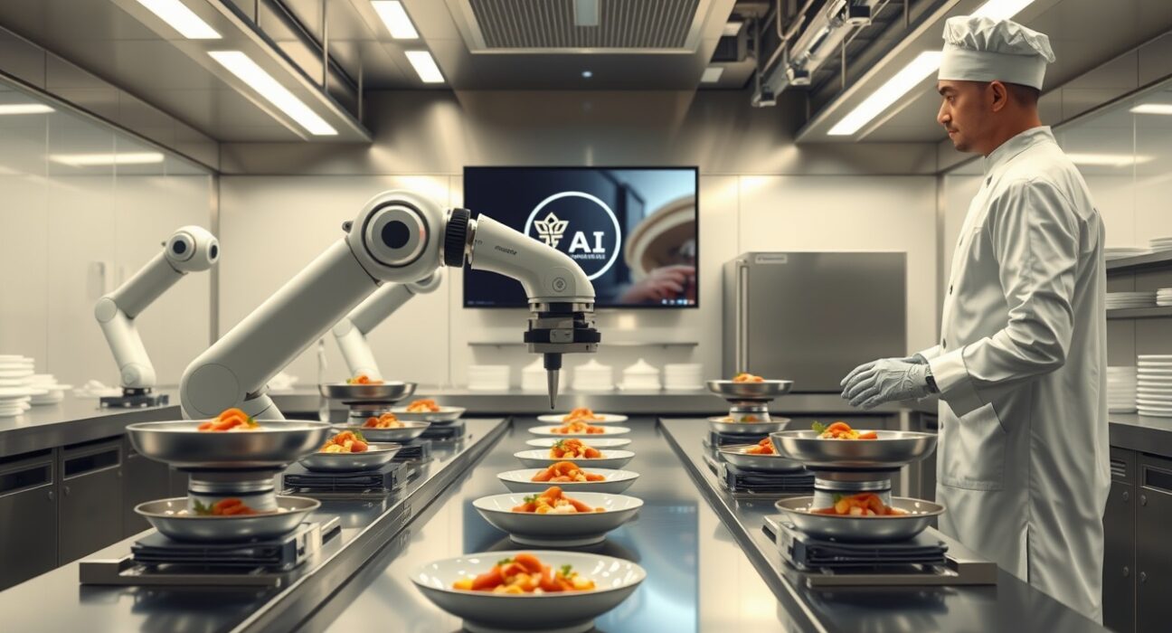 AI restaurant kitchen with robotic arms and digital display showing Wonder Create platform