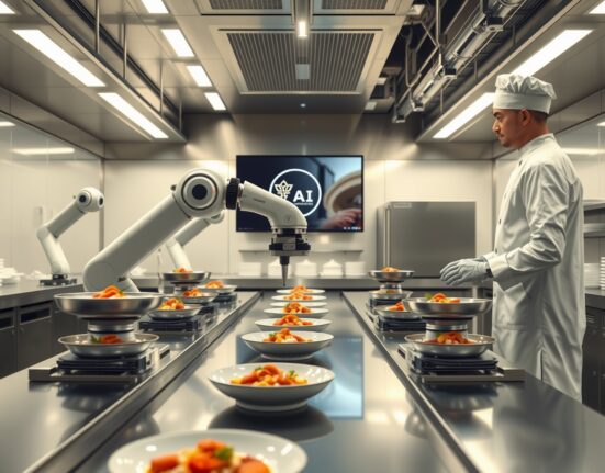 AI restaurant kitchen with robotic arms and digital display showing Wonder Create platform
