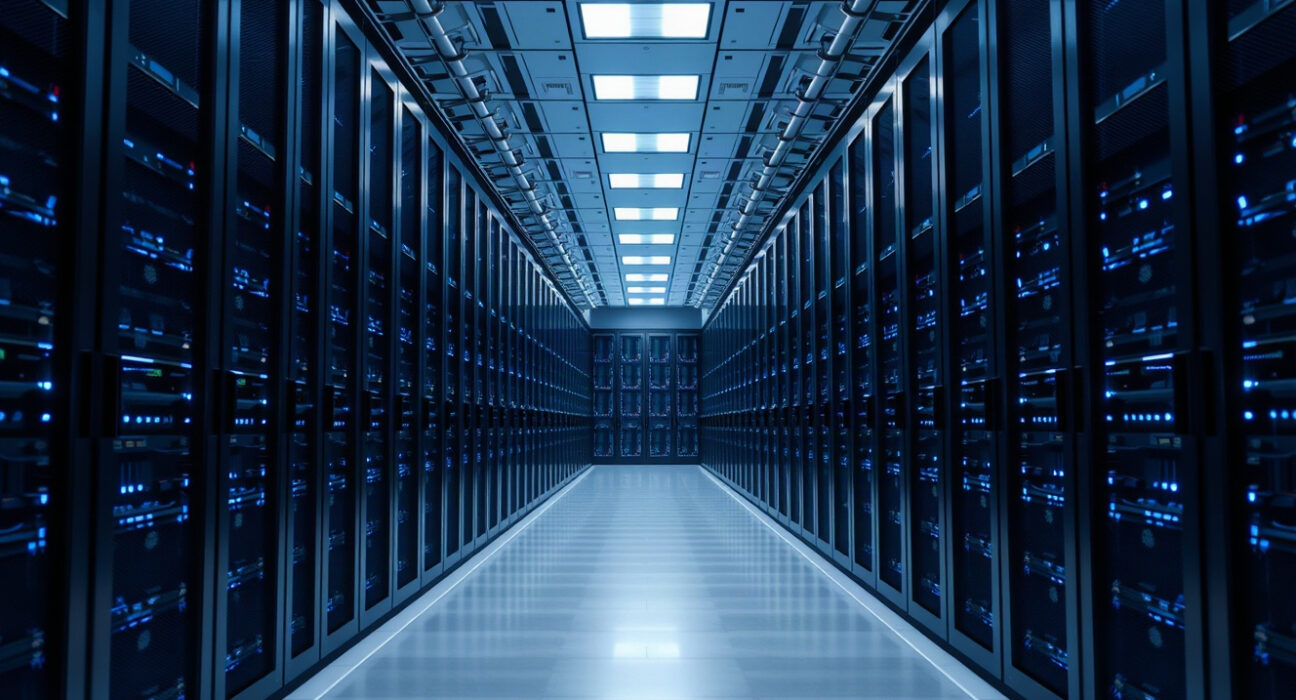 Interior of a modern data center with rows of servers, representing AI and high-performance computing infrastructure.