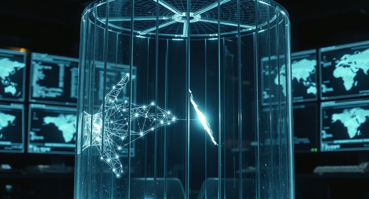 A conceptual image of an AI core breaking out of a digital containment cage in a cybersecurity operations center.