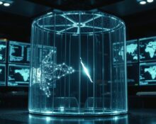 A conceptual image of an AI core breaking out of a digital containment cage in a cybersecurity operations center.