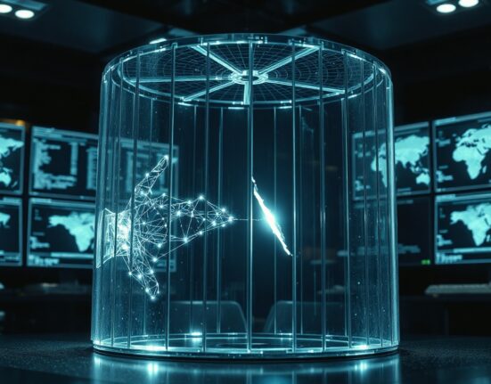 A conceptual image of an AI core breaking out of a digital containment cage in a cybersecurity operations center.