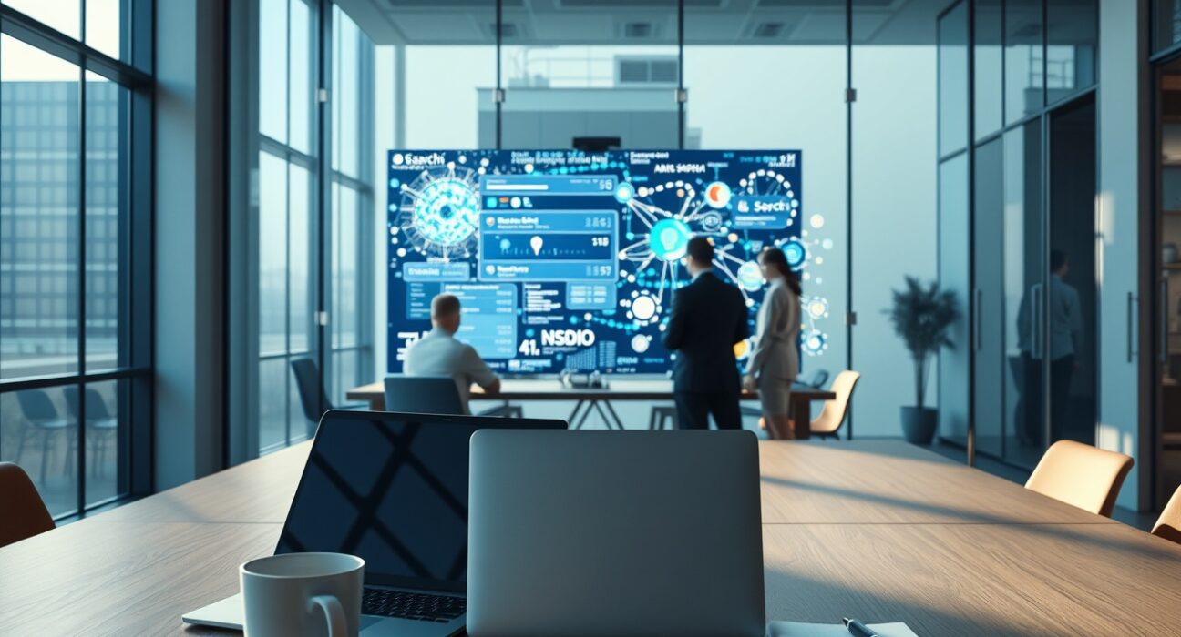 Team of engineers in a modern startup office reviewing AI search technology on a large screen