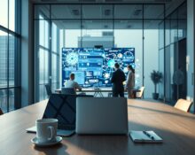 Team of engineers in a modern startup office reviewing AI search technology on a large screen